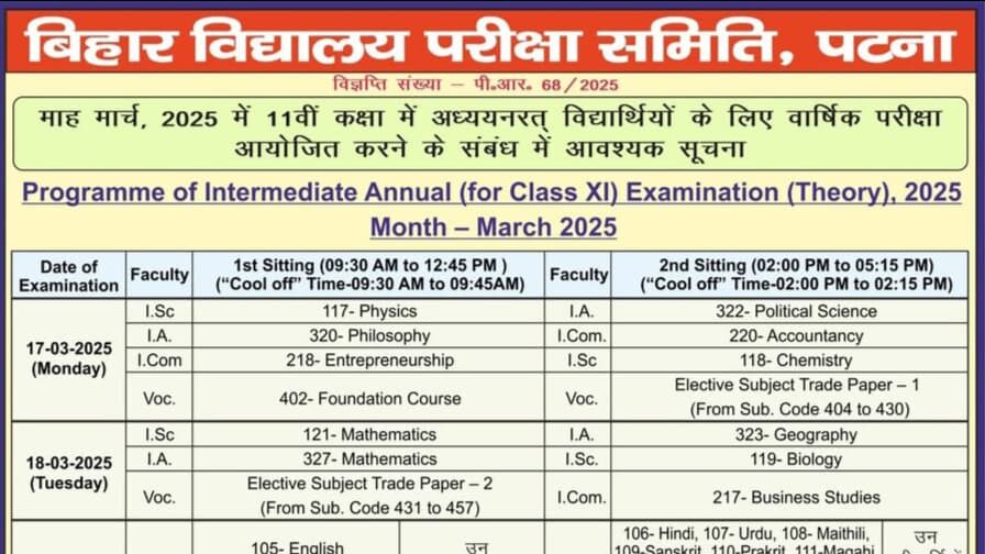 Class 11th Bihar Board Exam Time Table 2025